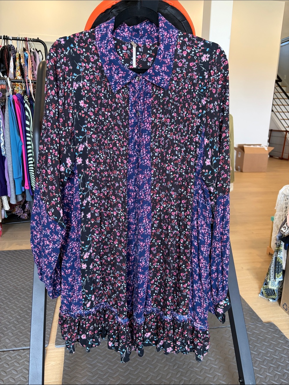 Free People Black and Purple Floral Long-Sleeve Smock Dress